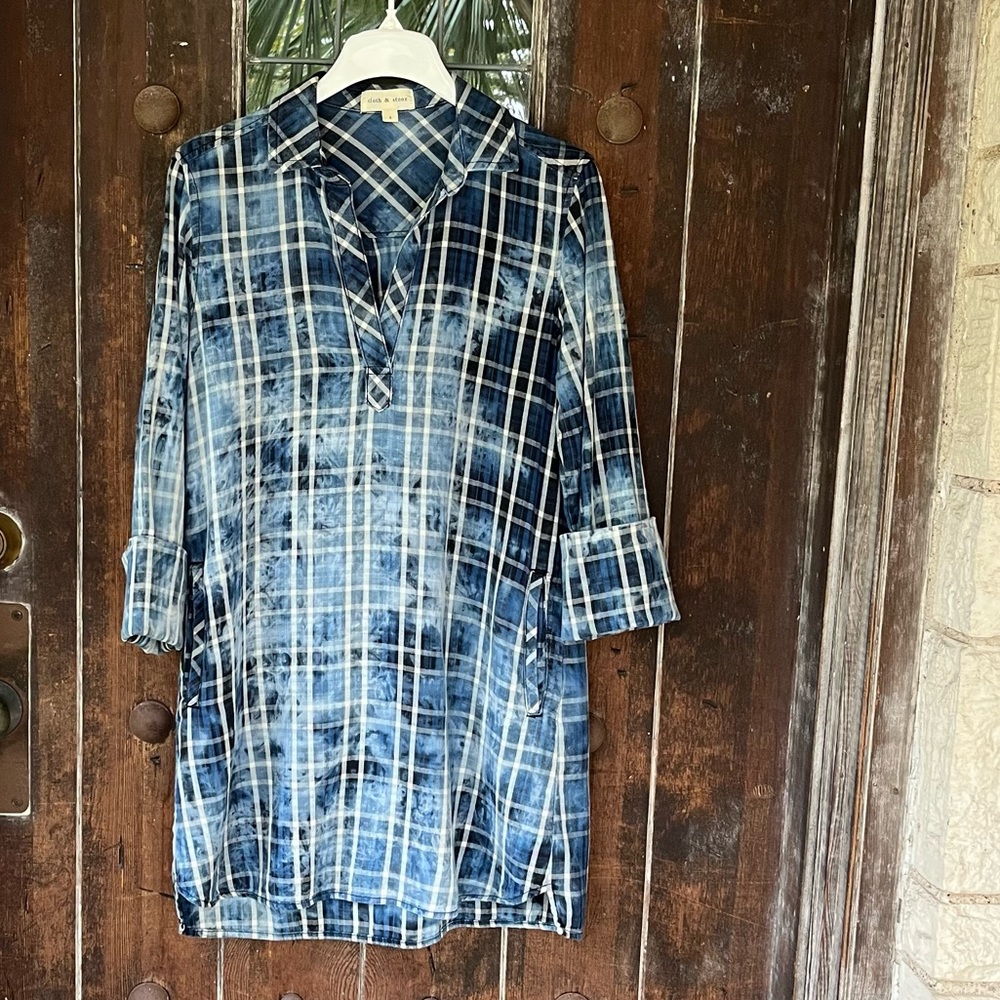 Anthropologie Cloth & Stone| Cotton Plaid Bleach Wash Tunic Dress w/Pockets